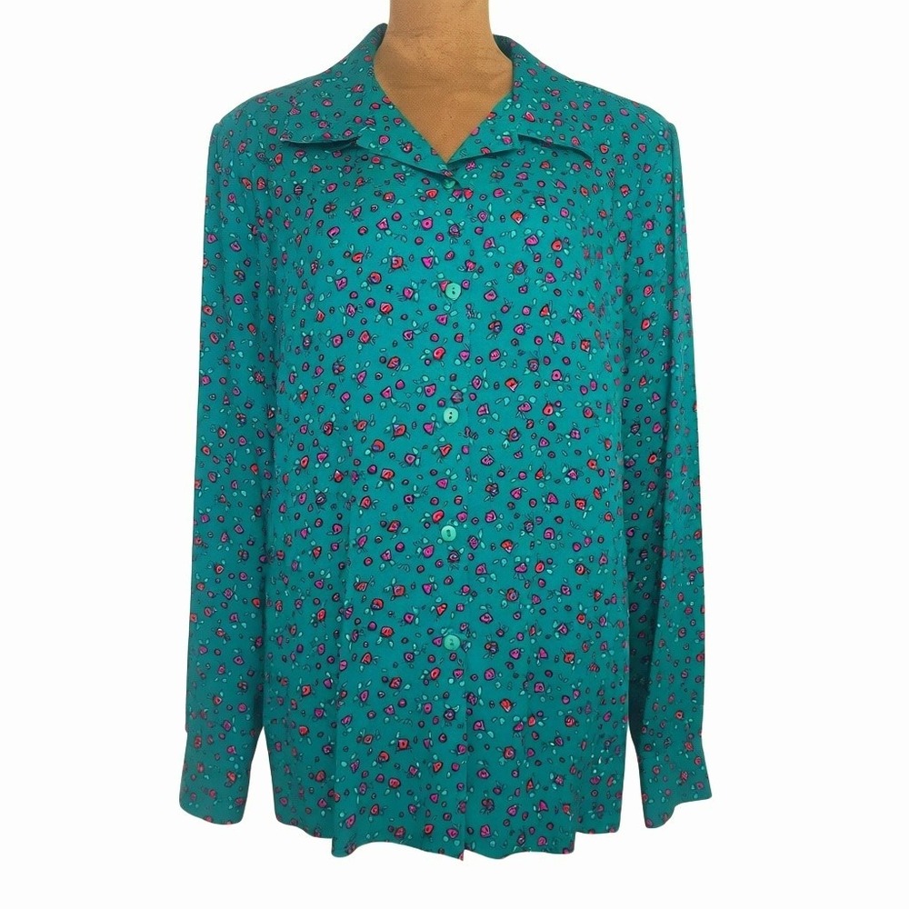 Claude Vintage‎ Fun Floral Button Down Blouse Green Pink 80s Women's USA 16